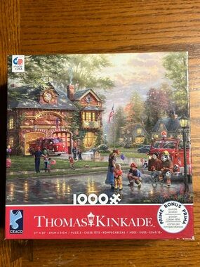 Thomas Kinkade Village Firehouse Scene with Red and Green Highlights